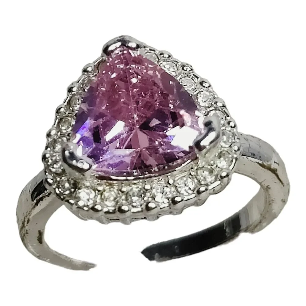 Silver Tone Ring Sz 8 Triangle Cushion‎ Cut CZ Pink Stone Clear CZ Halo Jewelry